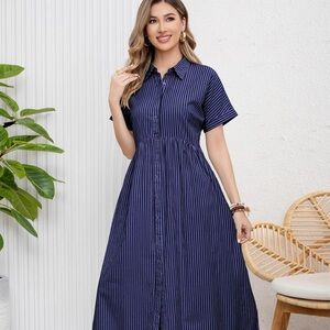 Women's Boho Striped Shirt Dress Button Up Navy Blue
